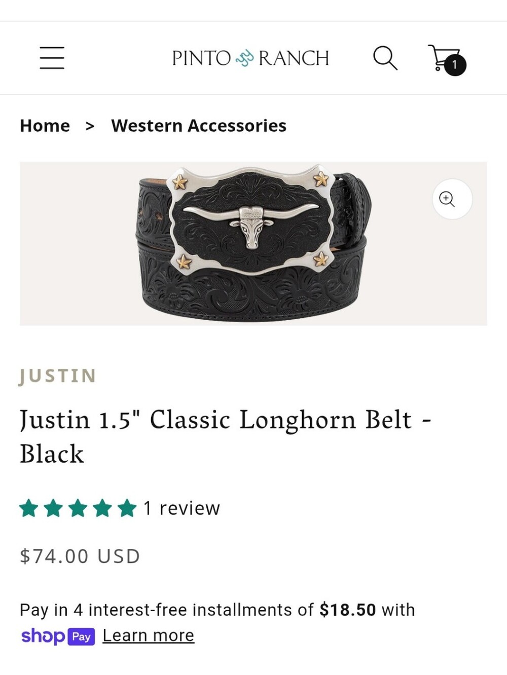 Justin Men's Longhorn Belt Size 38